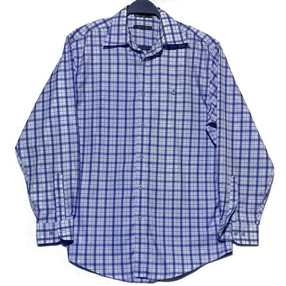 Nordstrom Button Up Shirt Men's Medium Blue White Plaid Long Sleeve Wrinkle Free - Picture 1 of 7